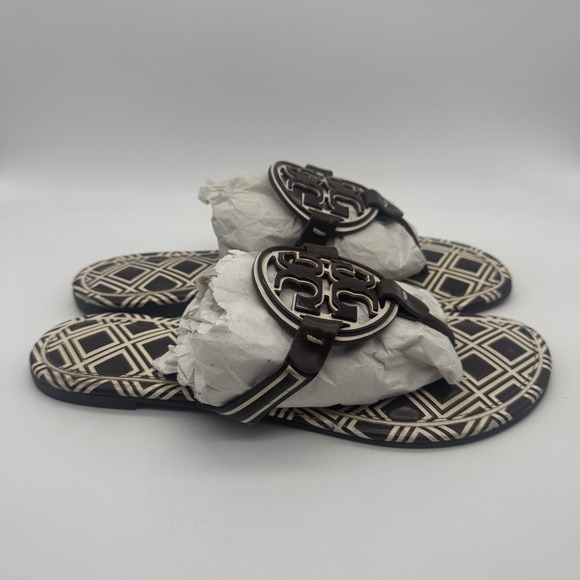 Tory Burch Sandals Brown White Geometric Leather Logo Thong Slides Size 10.5 - Picture 1 of 9
